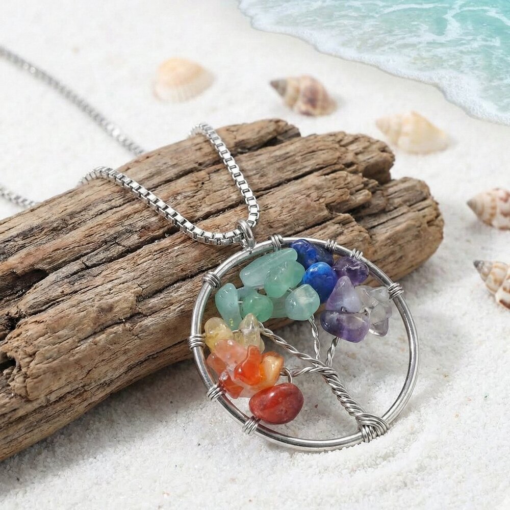 Handmade Chakra Tree Of Life Crystal Pendant Stainless Steel Boho Chic Necklace - Picture 5 of 16